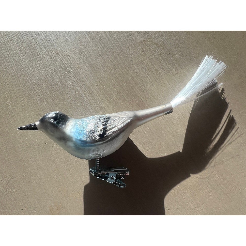 Inge-Glas Forest Finch Glass Ornament Silver Blue Clip-On Germany 34-718